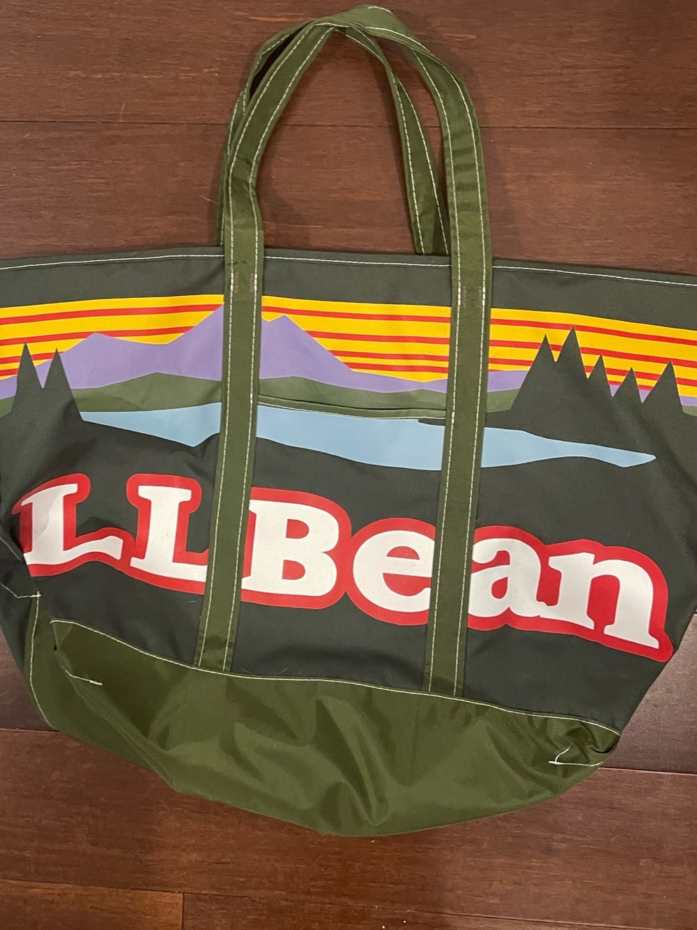 LL BEAN large green zippered Katahdin tote logo mountain and lake scene